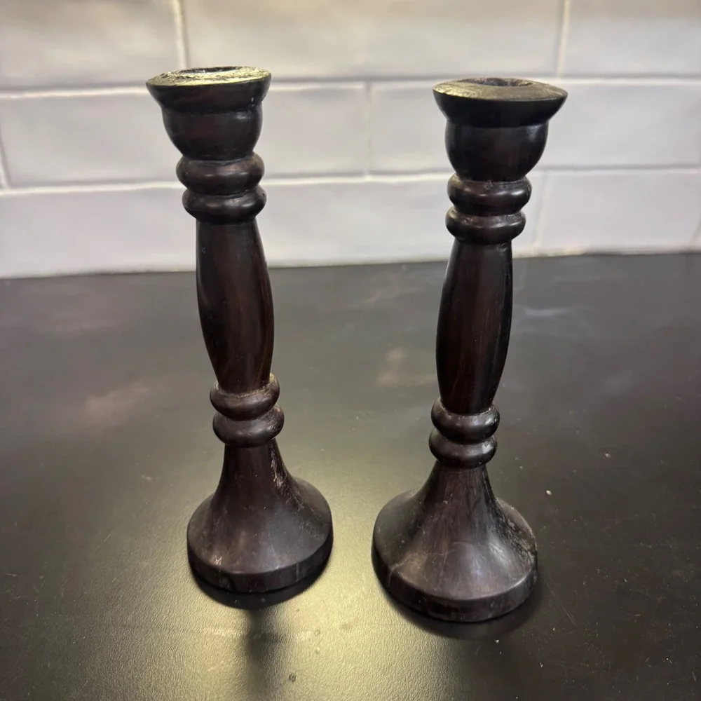 Candlestick Holders Home Decor Dark Brown Turned Wood Set of 2 CottageCore